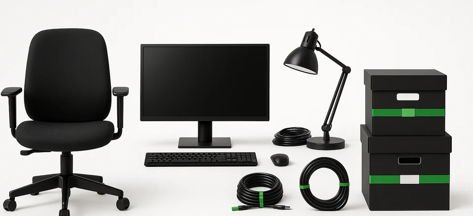 Ofis eşyası depolama: ofis koltuğu, monitör, klavye ve dosya kutuları