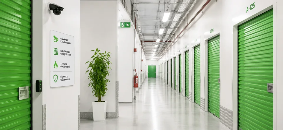 Yeşil kepenkli depo birimlerinin bulunduğu koridorda güvenlik kamerası ve güvenlik, kontrollü giriş, yangın önlemi ile sigorta bilgilerini gösteren pano — depo kiralamanın avantajları